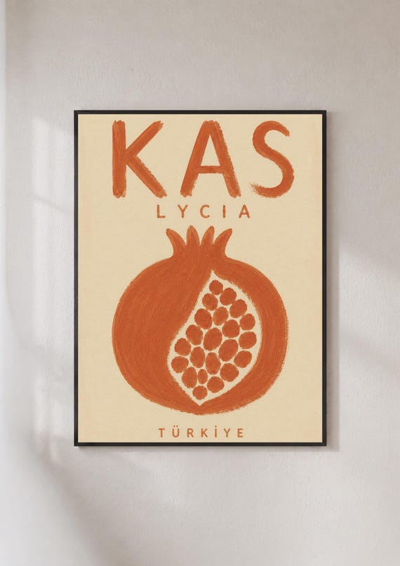 Kas Turkey Travel Poster Lycia Pomegranate Art Print Turkiye Wall Retro