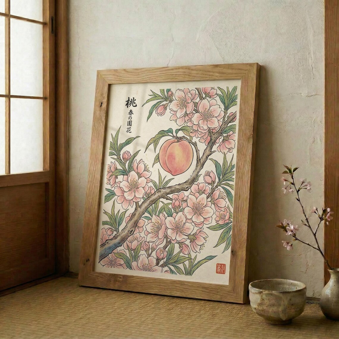 Japanese Peach Blossom Woodblock Style Art Print