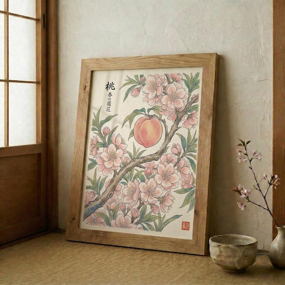 Japanese Peach Blossom Woodblock Style Art Print