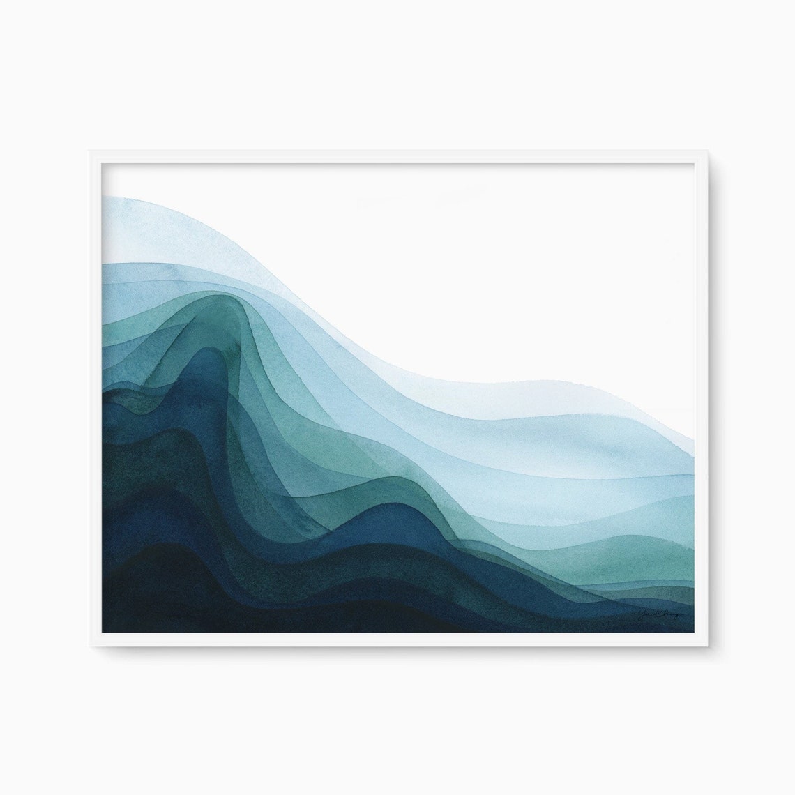 Abstract Blue Ocean Waves Watercolor Minimalist Coastal Poster