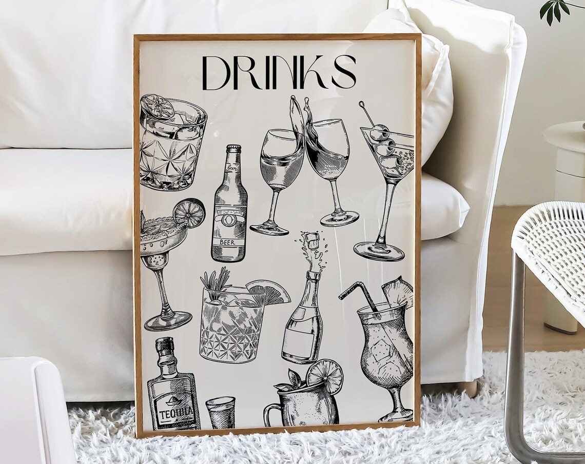Drinks Cocktail Sketch Black Line Art Bar Cart Decor Home Poster