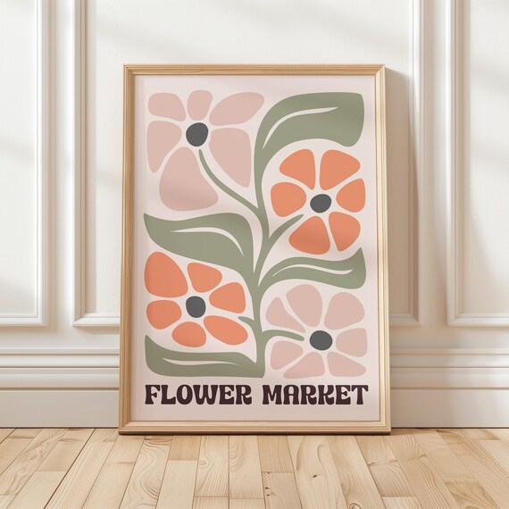 Coral Retro Flower Market Matisse Style Boho Botanical Wall Art