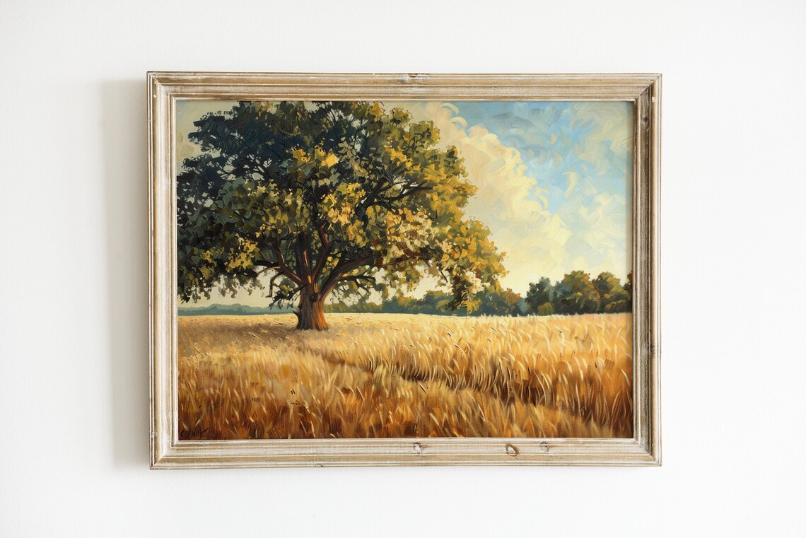 Lone Oak Tree Golden Wheat Field Summer Vintage Landscape Art Poster - Image 2