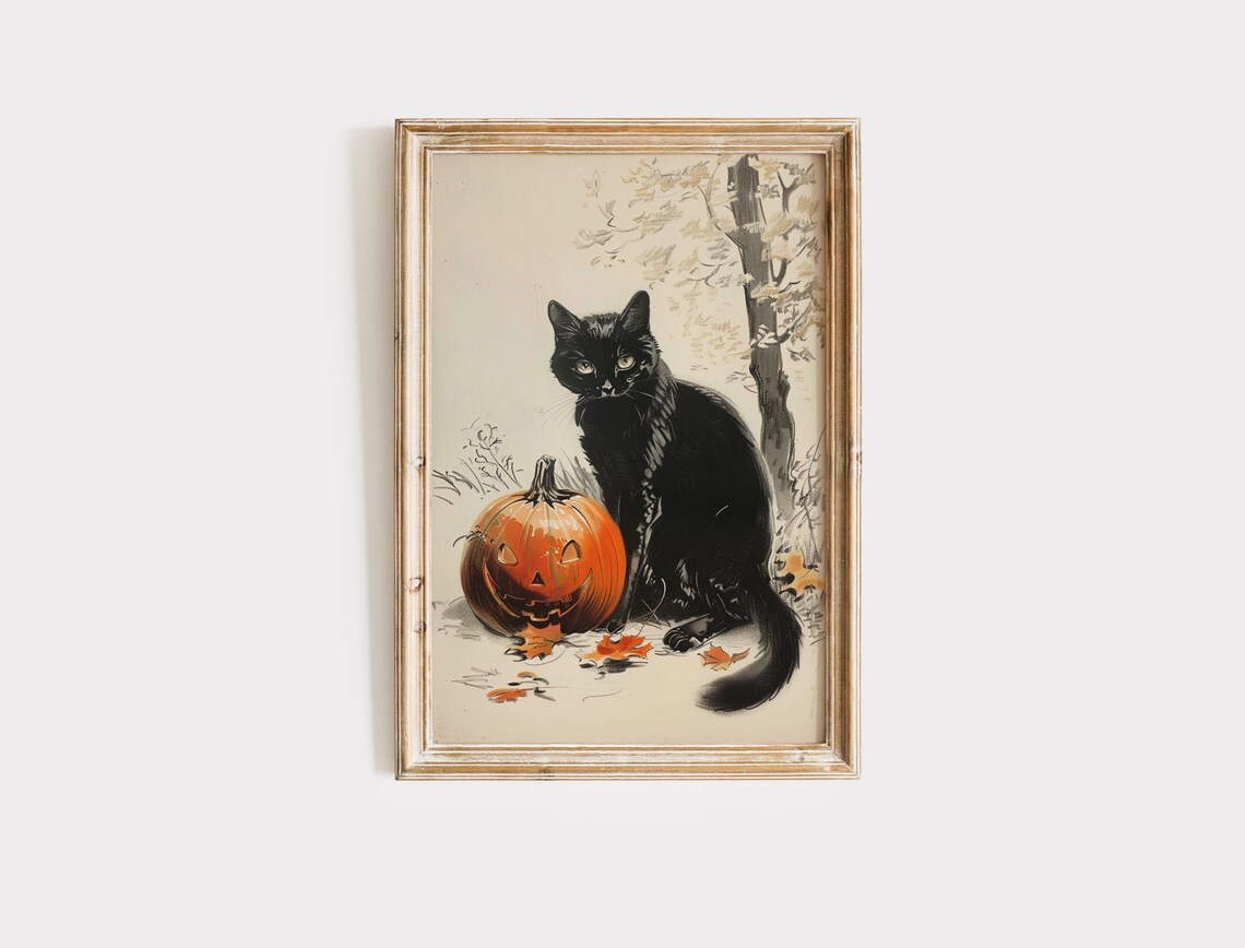 Black Cat and Jack O Lantern Sketch Vintage Halloween Fall Wall Art Poster - Image 2