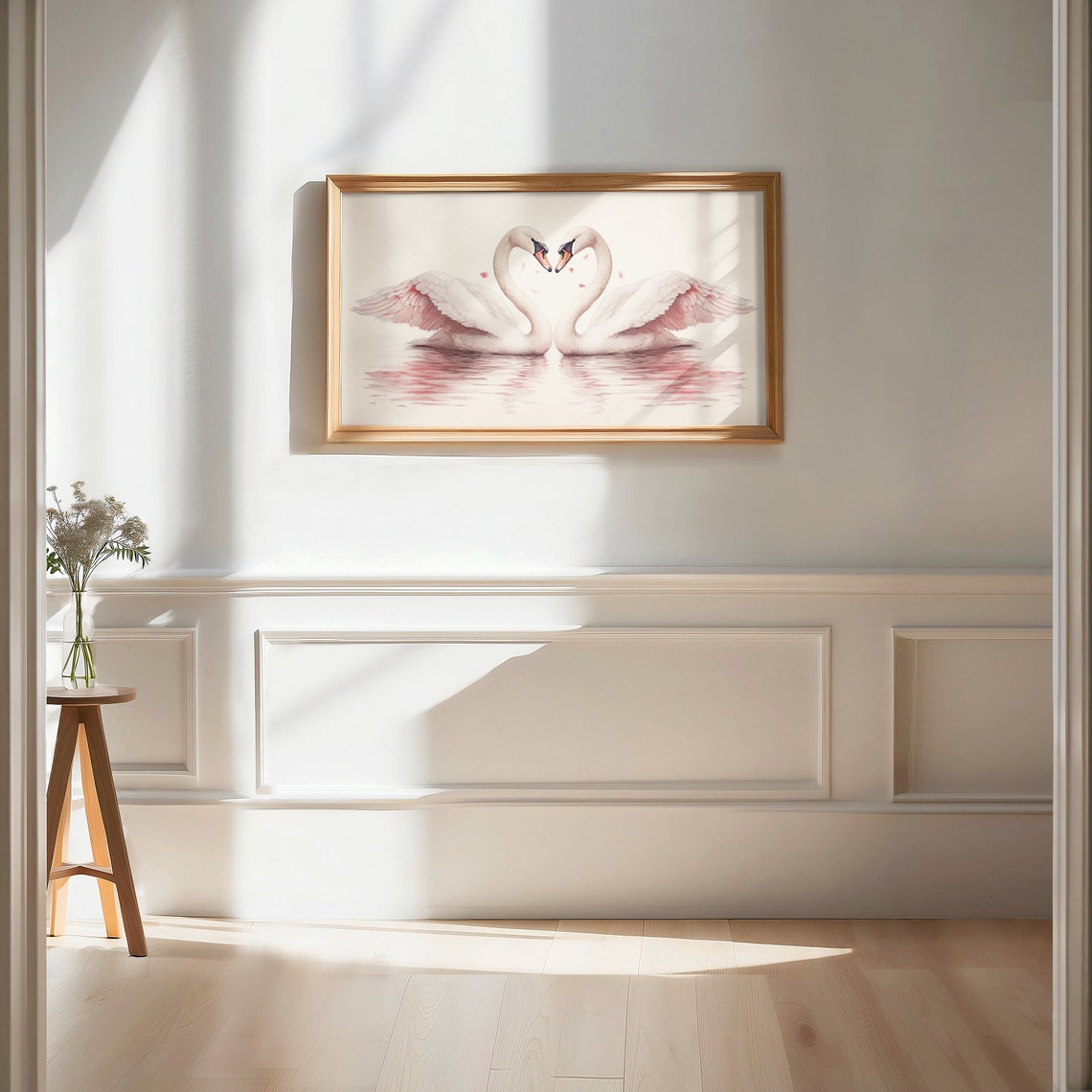 Swan Couple Heart Necks Pink Watercolor Romantic Love Poster - Image 2