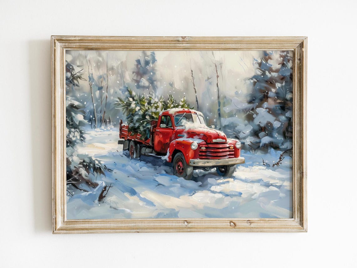 Vintage Red Truck Christmas Trees Snowy Forest Holiday Wall Art Poster