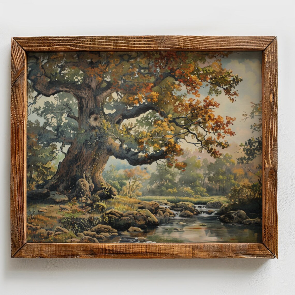 Ancient Oak Tree by Rocky Stream Autumn Vintage Landscape Oil Poster - Image 2