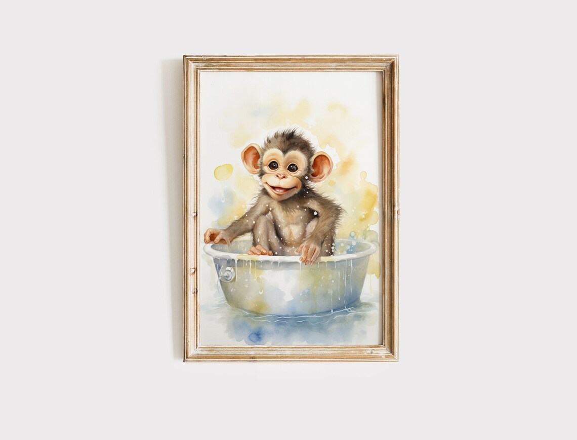 Smiling Baby Monkey In Metal Wash Tub Watercolor Nursery Wall Art - Image 2