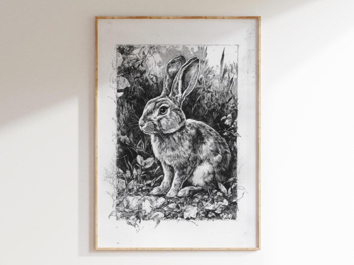 Black And White Rabbit Sketch In Foliage Vintage Bunny Art Poster