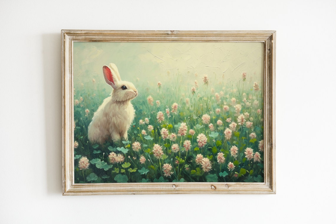 Fluffy White Bunny In Clover Meadow Vintage Easter Spring Poster