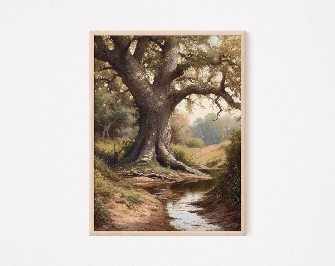 Vintage Oak Tree Stream Landscape Wall Art Print - Image 2