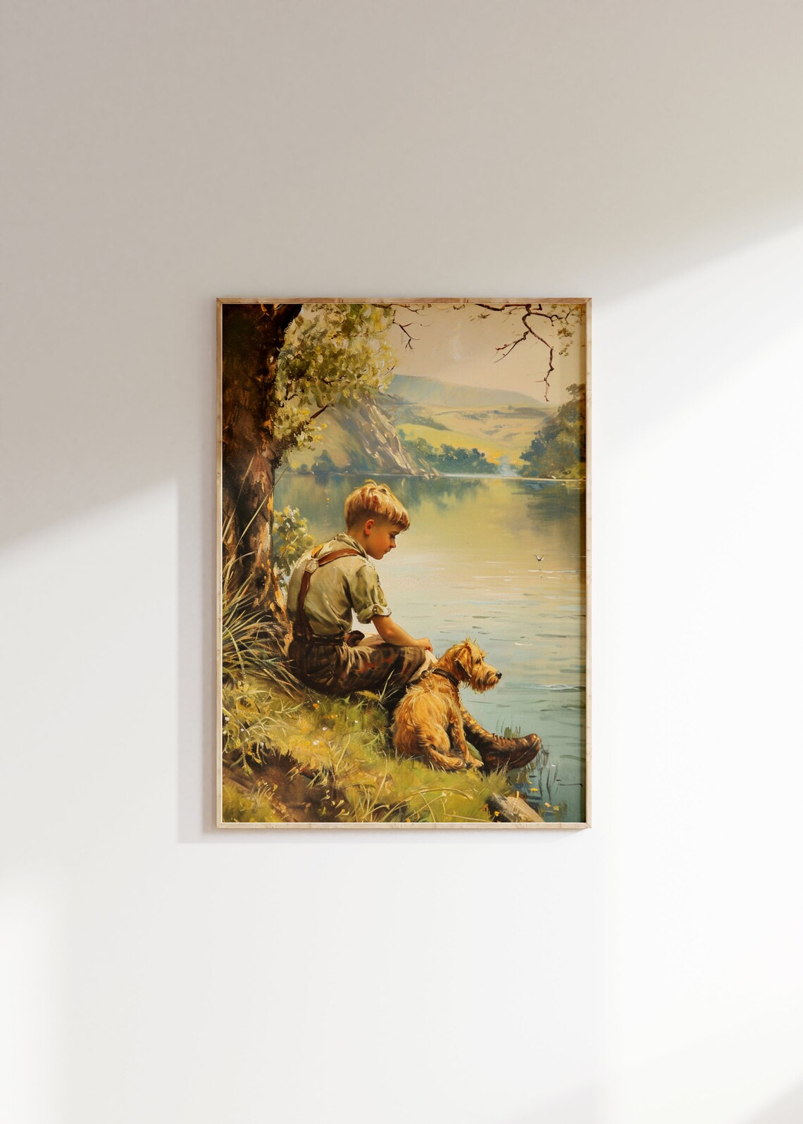 Boy And Dog By Pond Vintage Farmhouse Art Print - Image 2