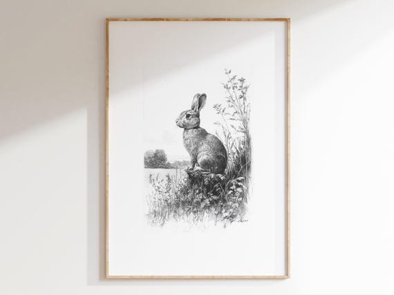 Vintage Rabbit Sketch Easter Art Print, Nursery Decor