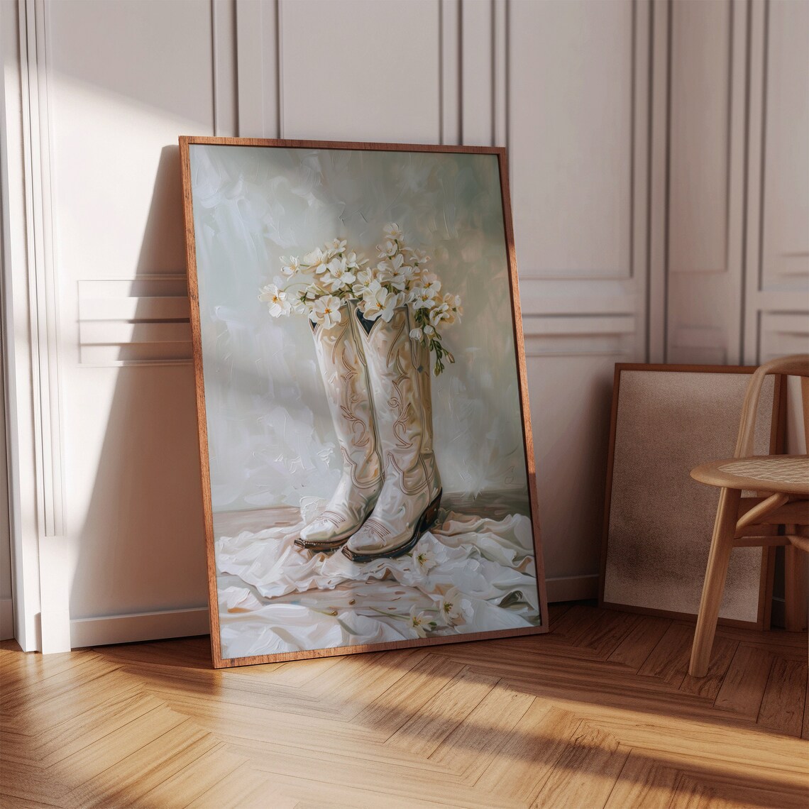 White Flowers In Cowboy Boots Farmhouse Art Print