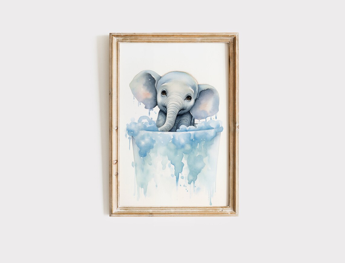 Baby Elephant Bubble Bath Blue Watercolor Cute Kids Bathroom Nursery Art Poster - Image 2