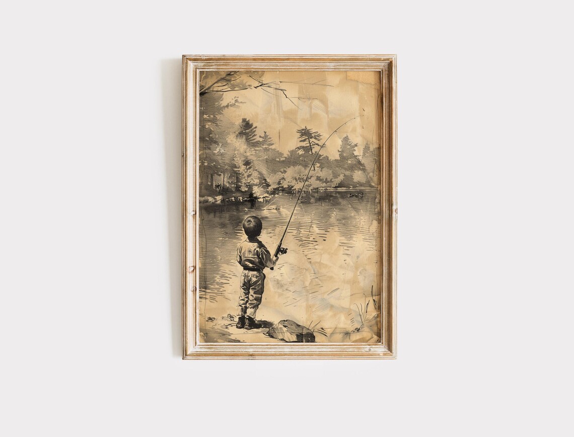 Boy Fishing Vintage Sketch Art Print for Boys Room - Image 2