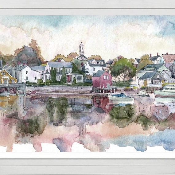 Portsmouth New Hampshire Harbor Watercolor Coastal Art Poster