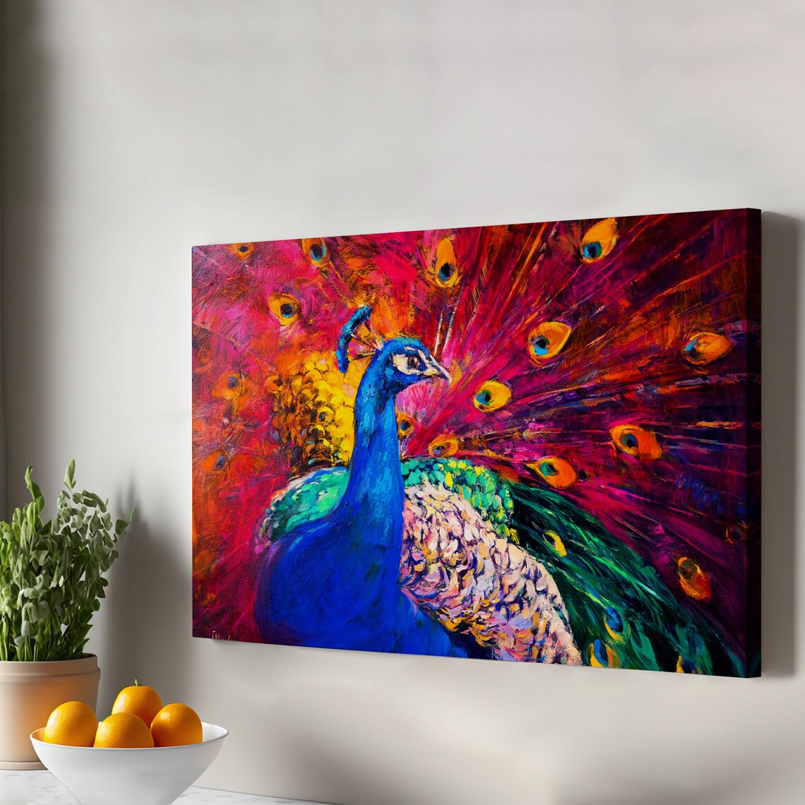 Peacock Fanned Tail Vibrant Jewel Tone Oil Painting Bird Art Poster