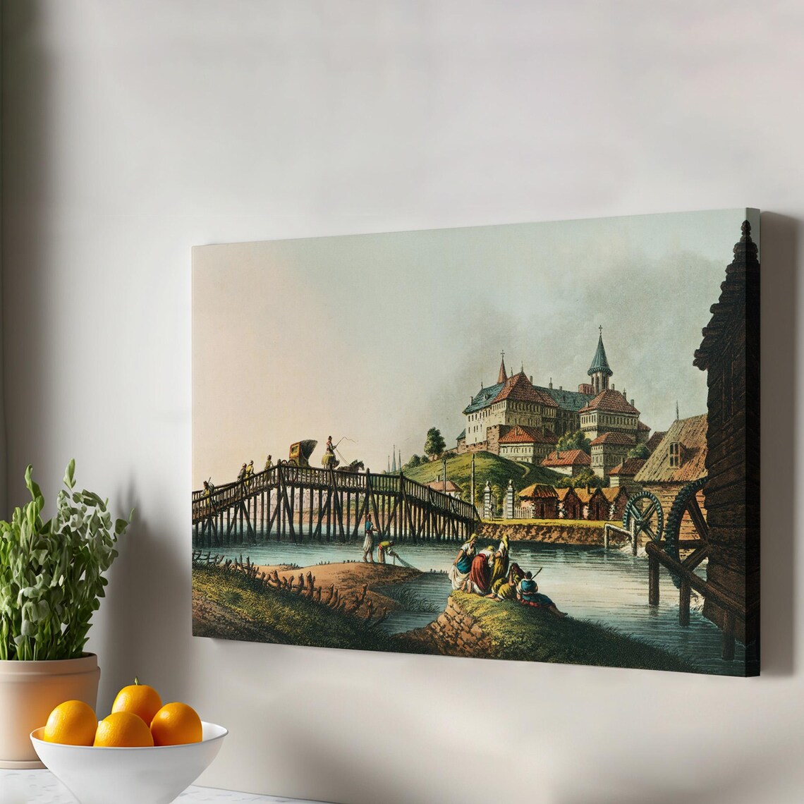Vintage European Town Wooden Bridge Watermill Castle Antique Art Poster