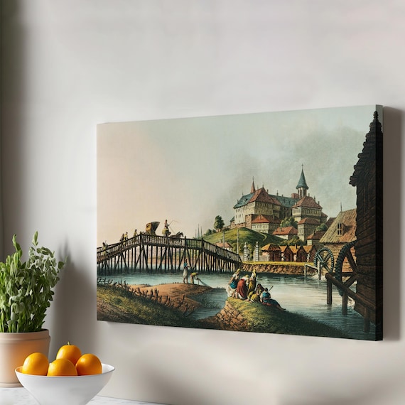 Vintage European Town Wooden Bridge Watermill Castle Antique Art Poster