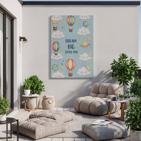 Dream Big Little One Nursery Wall Art Hot Air Balloon Cloud Canvas Kids Room Pastel Sky Print Baby Shower Gift Cute Playroom Decor