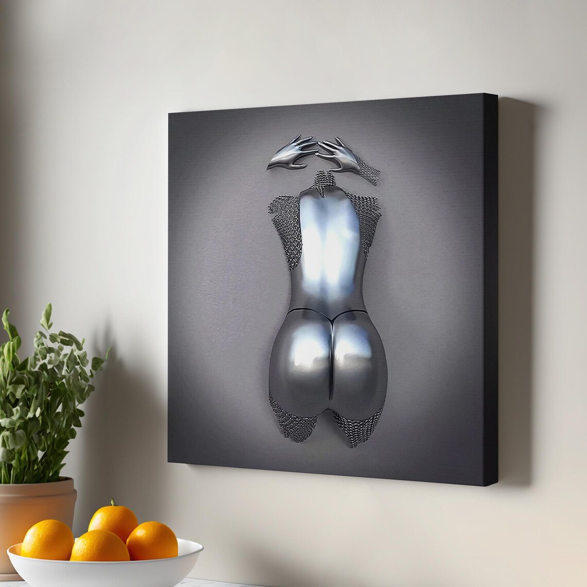 Chrome Female Torso Back View Raised Hands 3D Metallic Sculpture Poster