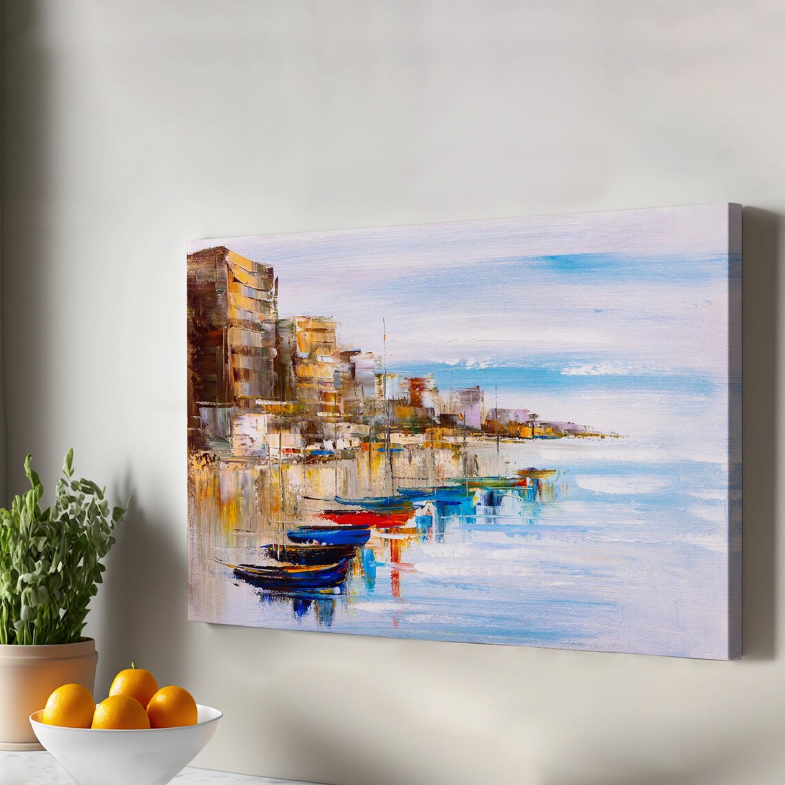 Mediterranean Harbor Colorful Boats Seaside Town Oil Style Poster