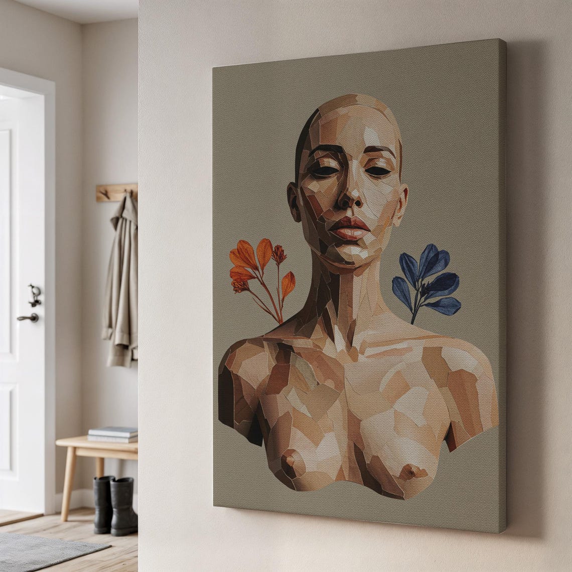 Geometric Low Poly Woman Portrait Canvas Abstract Floral Wall Art