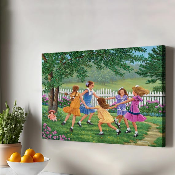 Girls Playing In The Garden Art Framed Canvas Wall Modern Decor Large Hanging Housewarming Gifts