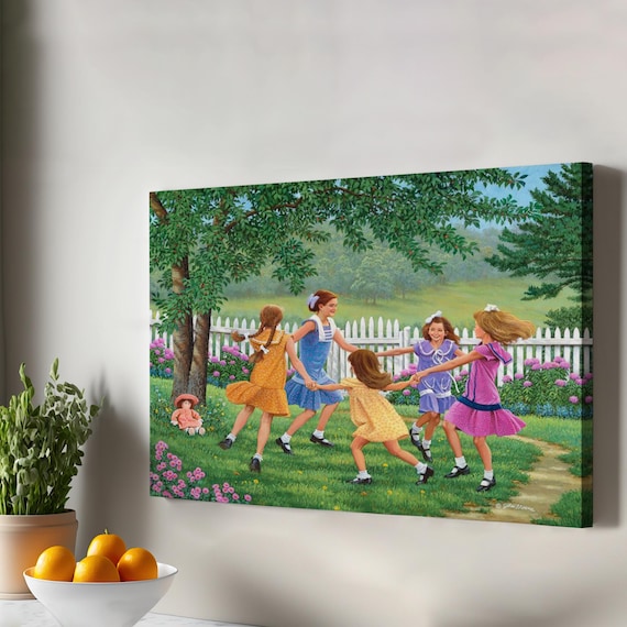 Girls Playing Ring Around Garden Vintage Style Painting Poster
