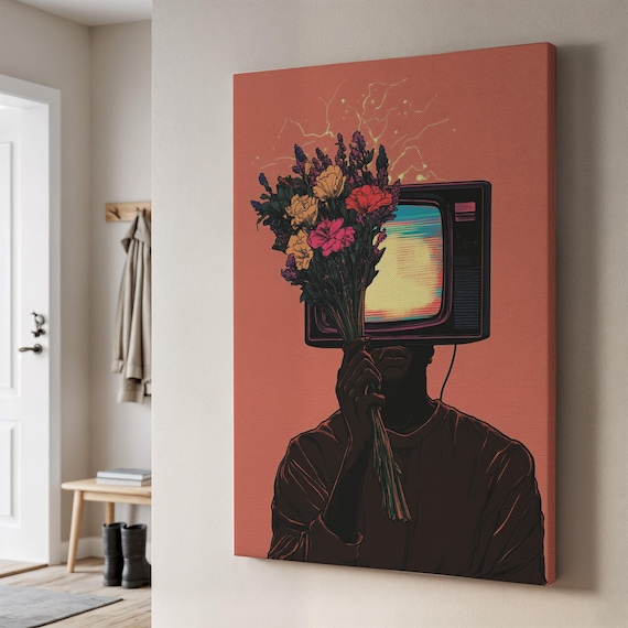 Retro TV Surreal Portrait Figure With Flower Bouquet Pop Art Poster
