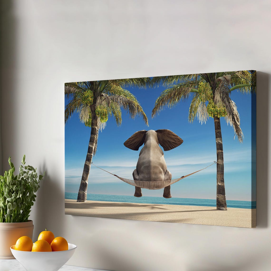 Funny Elephant Relaxing In A Hammock Between Palm Trees Poster