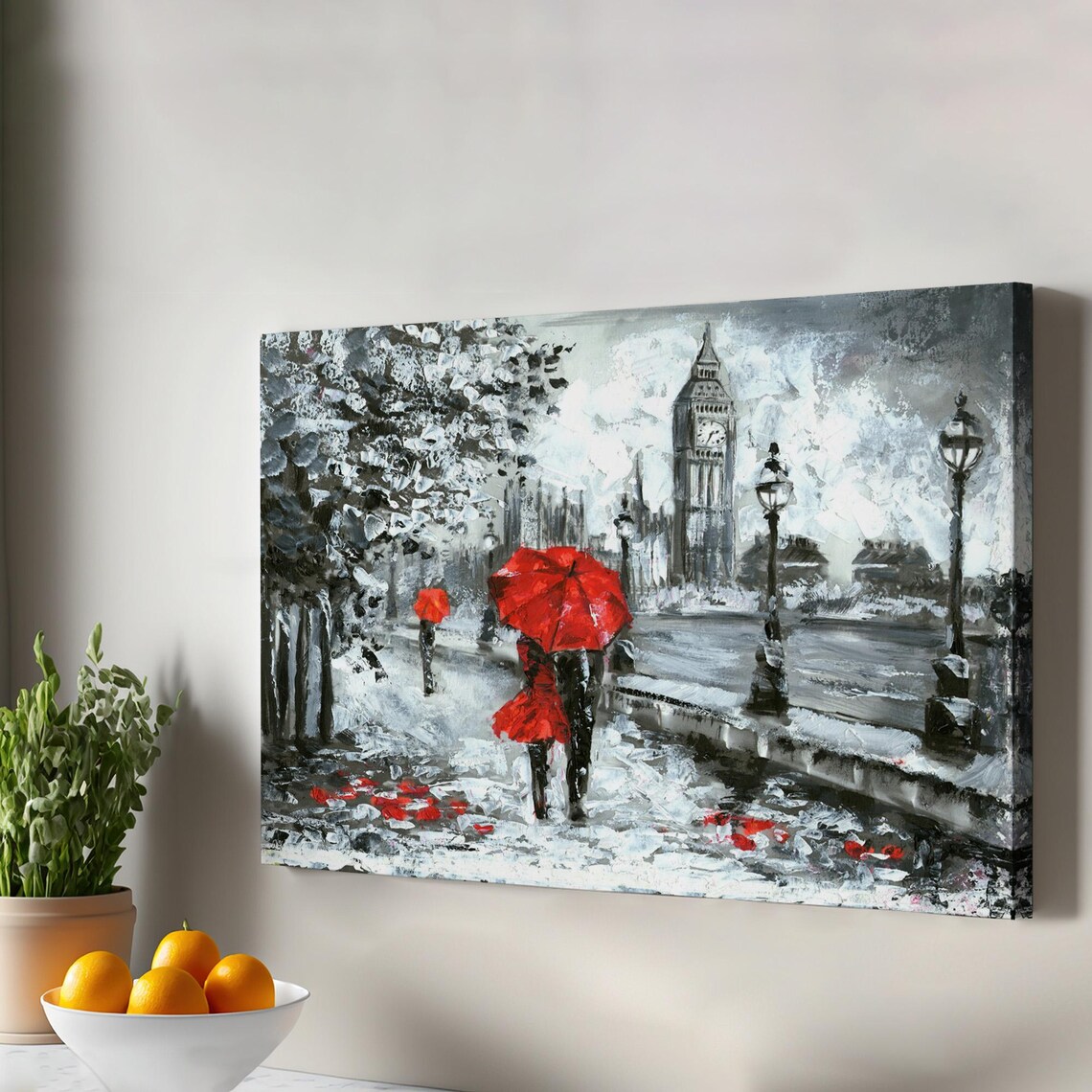 Rainy London Street Red Umbrella Couple Big Ben Oil Painting Wall Art