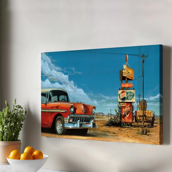 Red Classc Car Housewarming Gifts Street Canvas Print Wall Art Modern Decor Framed