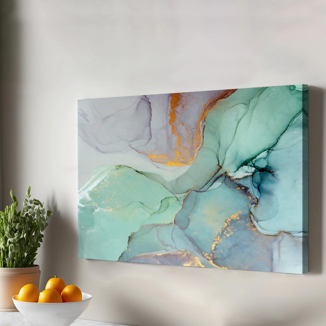 Modern Abstract Teal Gold Marble Alcohol Ink Canvas Wall Art