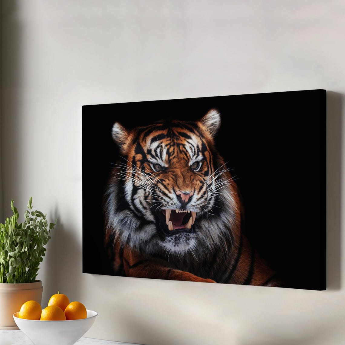 Fierce Tiger Snarling With Fangs On Black Background Wildlife Poster