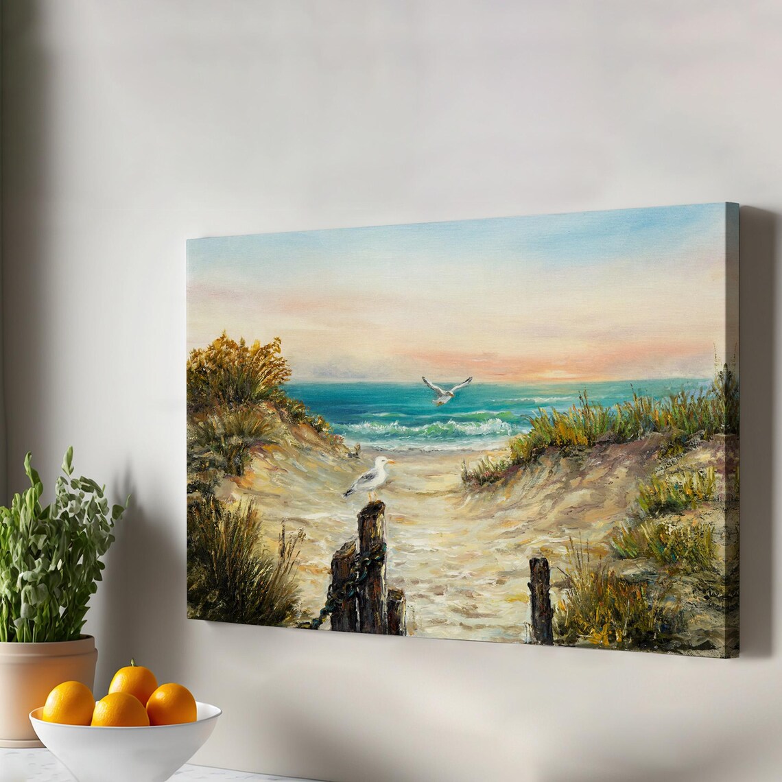 Beach Dune Path to the Ocean Sunset Seagulls Coastal Art Poster