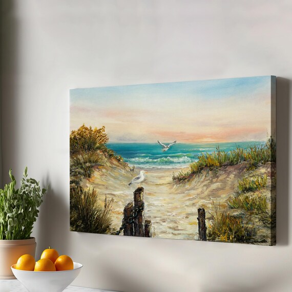 Beach Dune Path to the Ocean Sunset Seagulls Coastal Art Poster