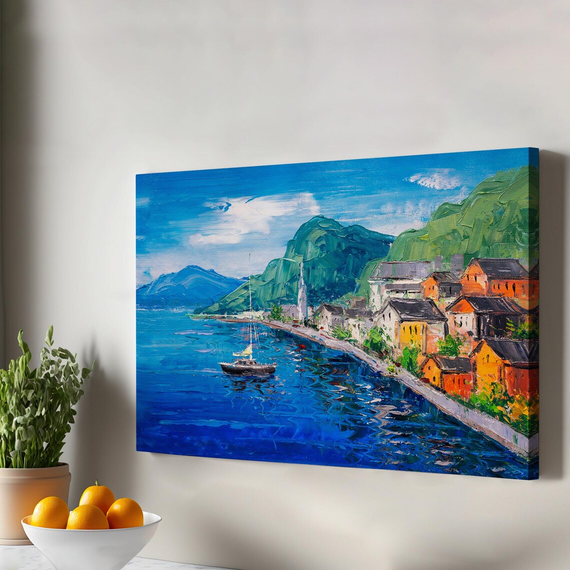 Hallstatt Austria Lakeside Village Church Oil Painting Travel Poster