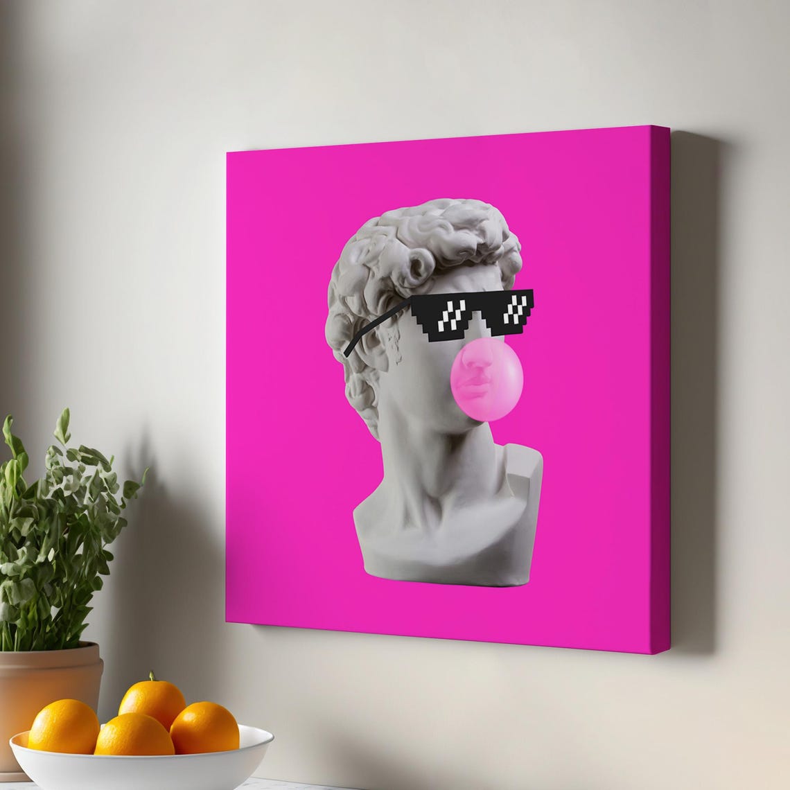 Michelangelo David Bust Pixel Shades Bubble Gum Pink Pop Art Poster