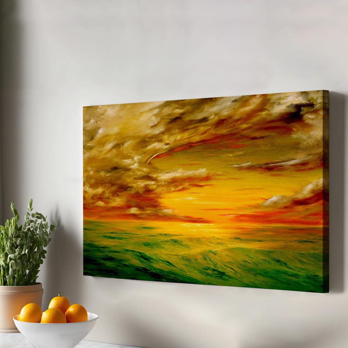 Golden Sunset Ocean Waves Impressionist Seascape Canvas Style Wall Art