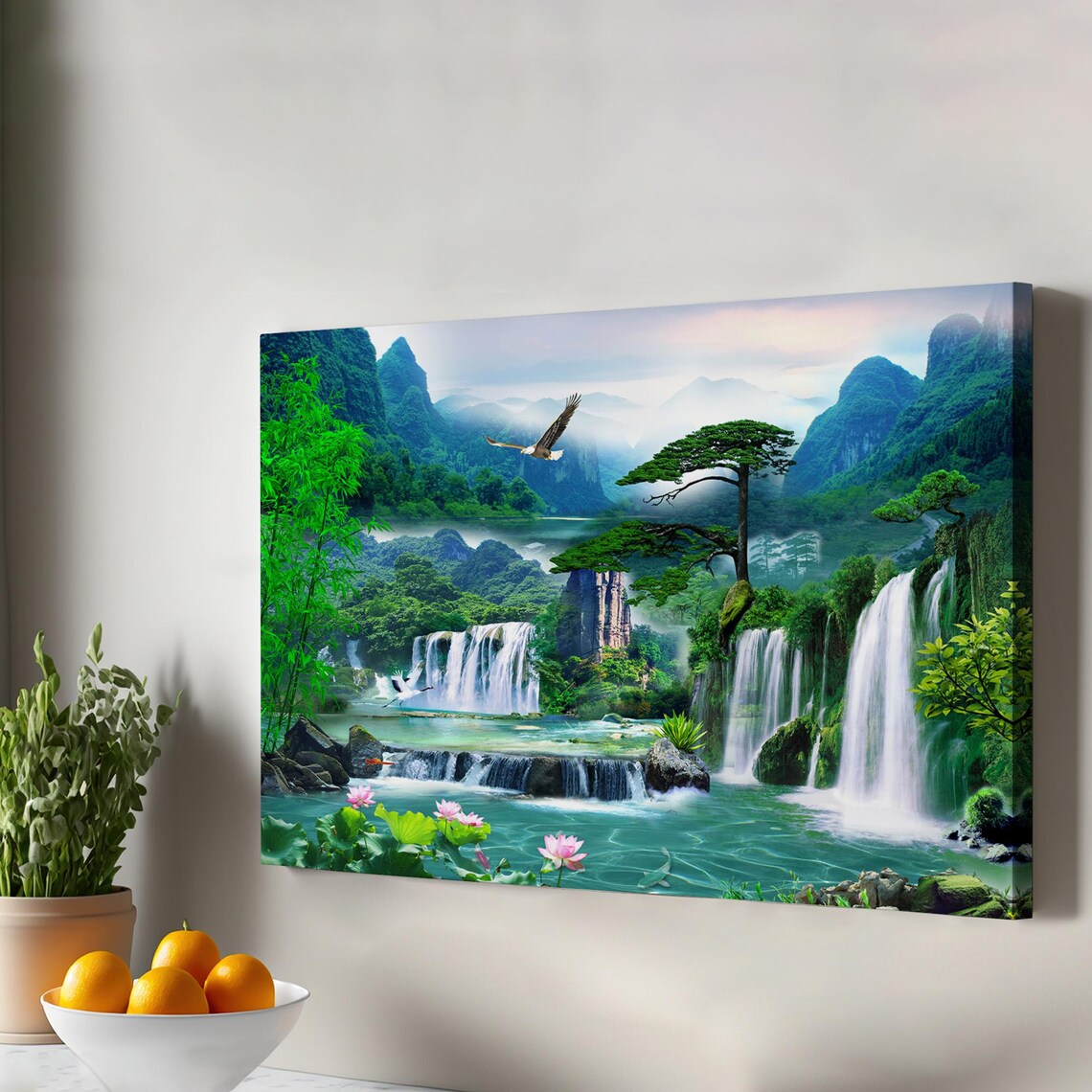 Tropical Waterfall Eagle Lotus Fantasy Mountain Landscape Canvas Poster