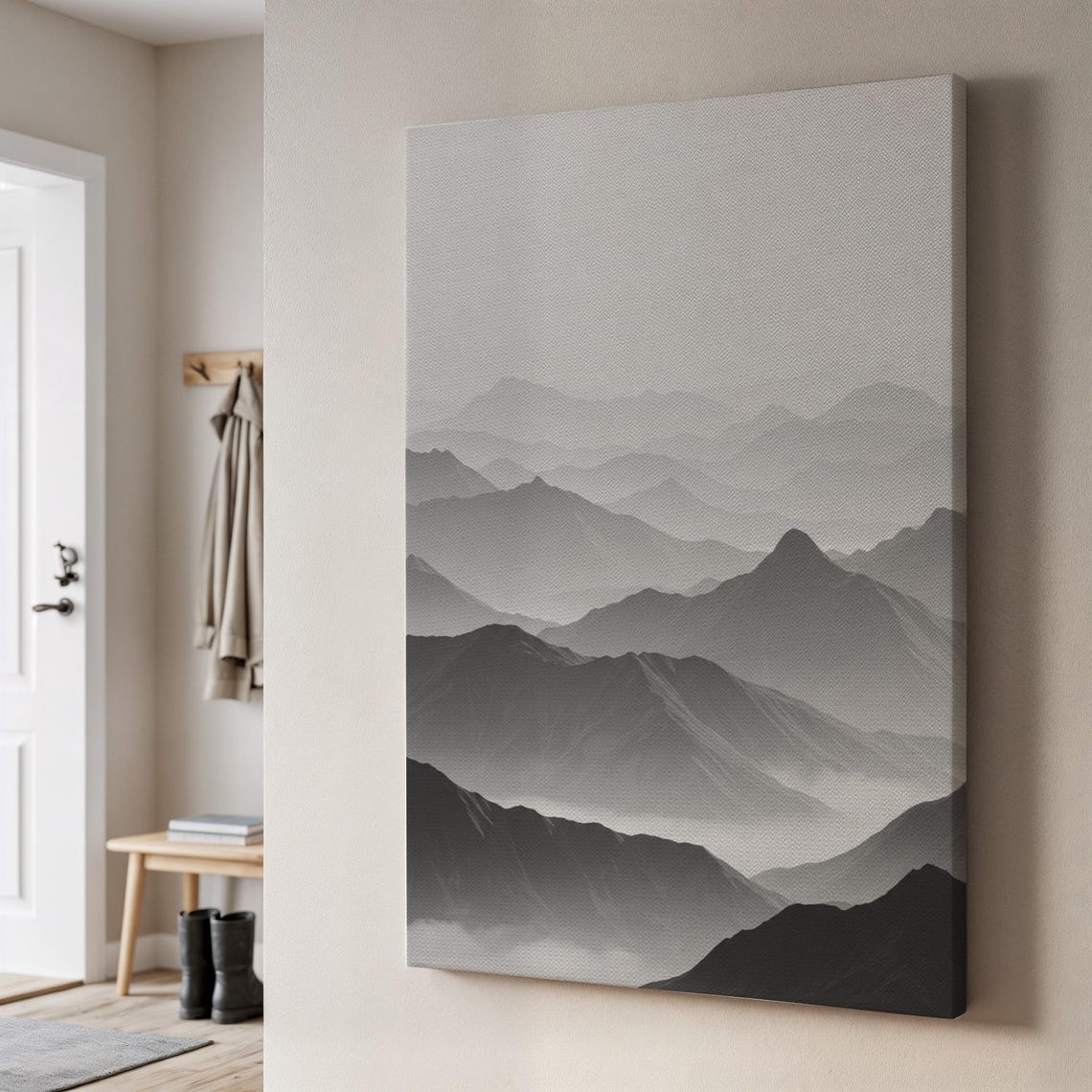 Misty Gray Mountain Layers Minimal Black White Landscape Art Poster