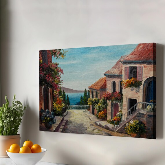 Mediterranean Coastal Town Street Flowers Sea View Oil Painting Art Print
