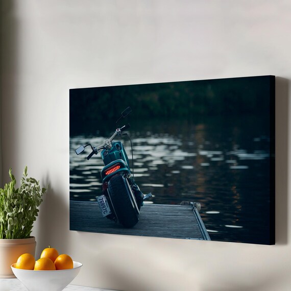 Motorcycle on Wooden Dock at Night Water Reflection Photo Poster