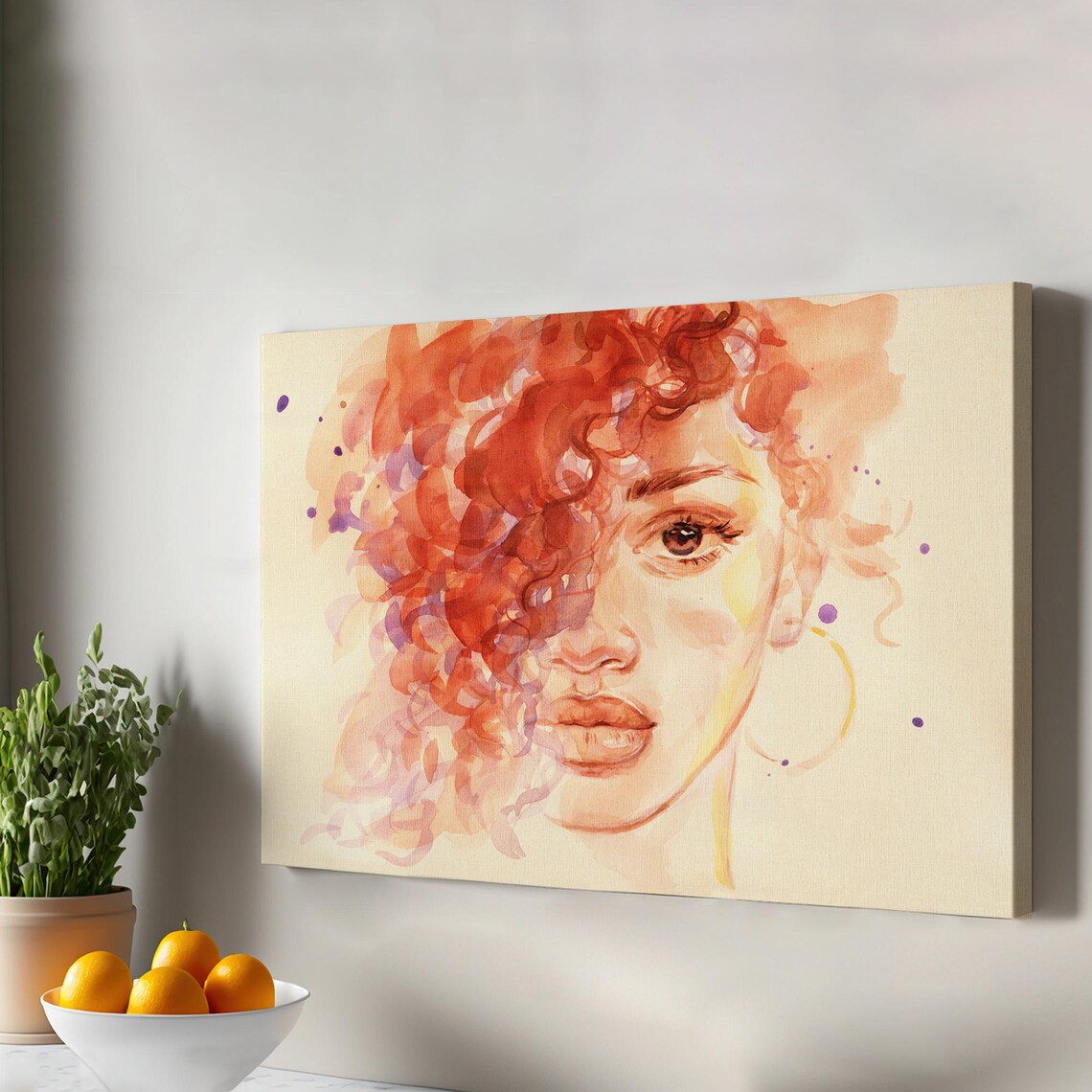 African Woman Watercolor Portrait Poster with Warm Orange Curls Art