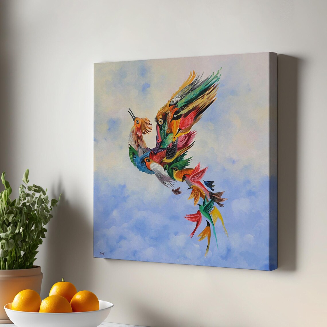 Majestic Colorful Simurgh Phoenix Bird Formed by Birds Wall Art