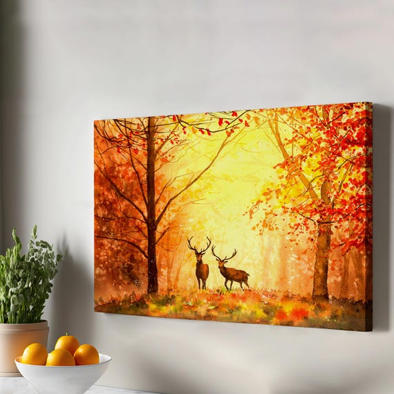 Deer In Autumn Forest Oil Painting Style Decorative Canvas Wall Art Landscape Table Nature Decor