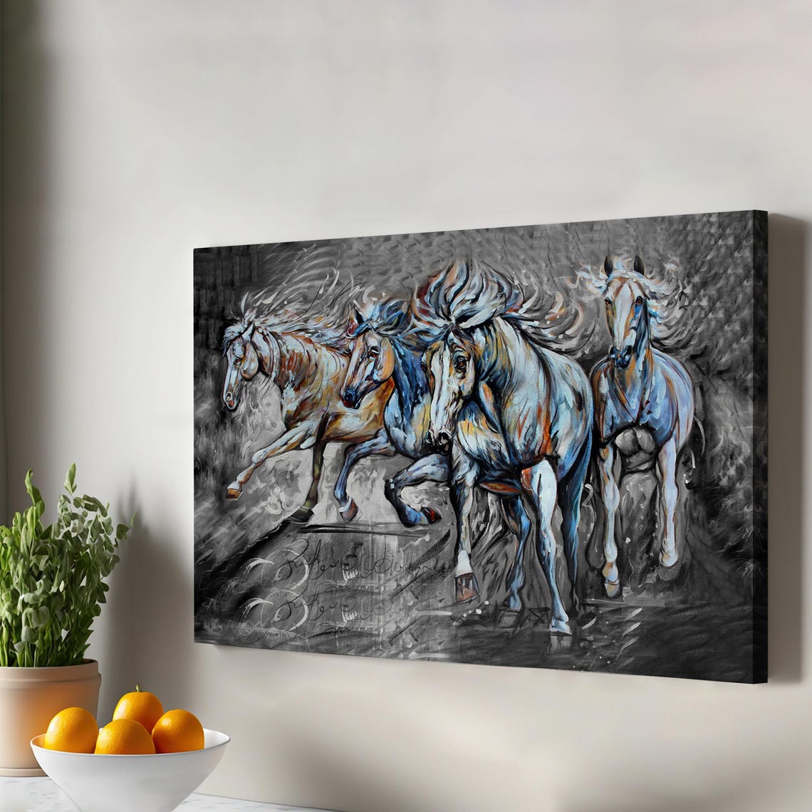 Four Galloping Horses Dramatic Equine Running Painting Poster Artwork