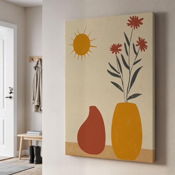 Boho Sun Vases Red Wildflowers Minimal Earth Tone Canvas Art Poster